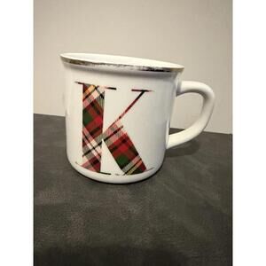 Pottery Barn Plaid Monogram “K” Mug – White & Tartan Letter – Holiday Coffee Cup